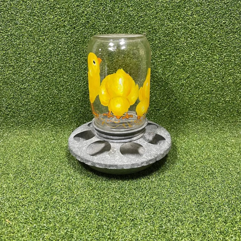 Vintage Galvanized Metal Base Glass Chick Waterer Feeder Farmhouse Decor